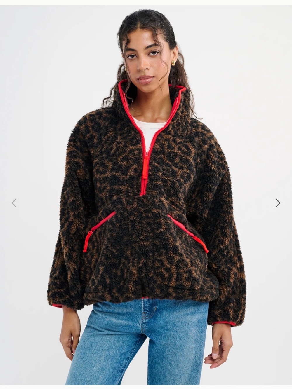 Rumored NWT Leopard Teddy Half-Zip Jacket - Brown/Black with Red Trim